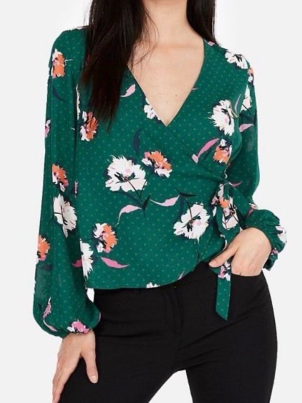 Express Green Floral Wrap Blouse